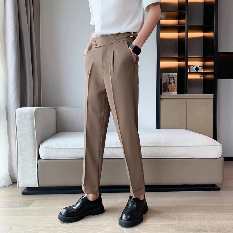 Men’s high-waisted straight trousers in taupe brown with front crease and button tab