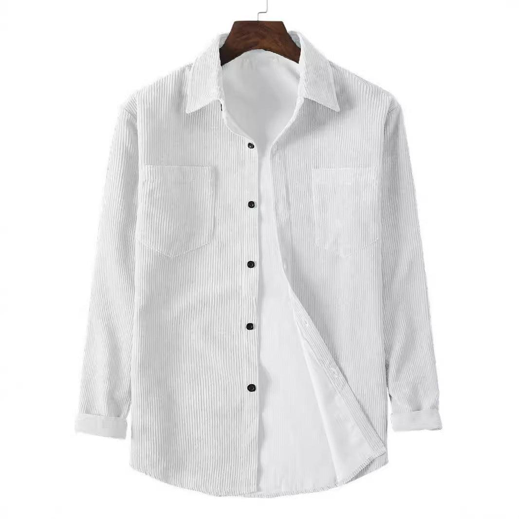 Corduroy-style button-up jacket in white with chest pockets and long sleeves