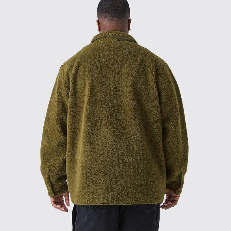 Men's sherpa cardigan jacket with polo collar, button front, back view, olive green