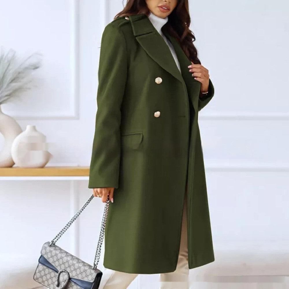 Women's double-breasted wool coat in dark green, notch lapels, button front, long sleeves