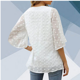 V-neck Three-quarter Sleeves Dotted Chiffon Shirt Blouse Women - WOMONA.COM