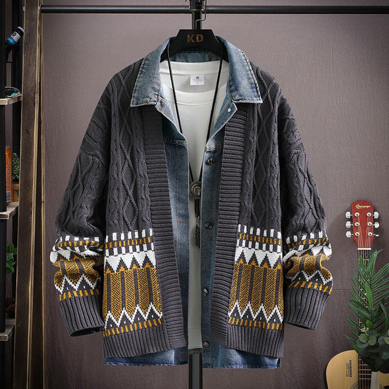 Dark gray knit cardigan with denim-style collar and patterned fair isle stripe bands
