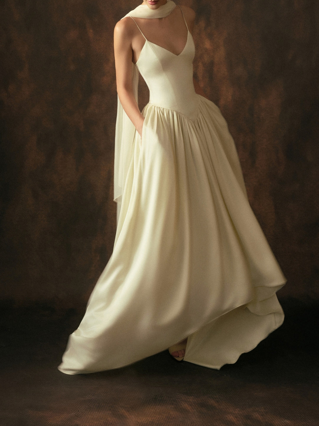 Women's Cream Satin Spaghetti-Strap Evening Gown with Scarf