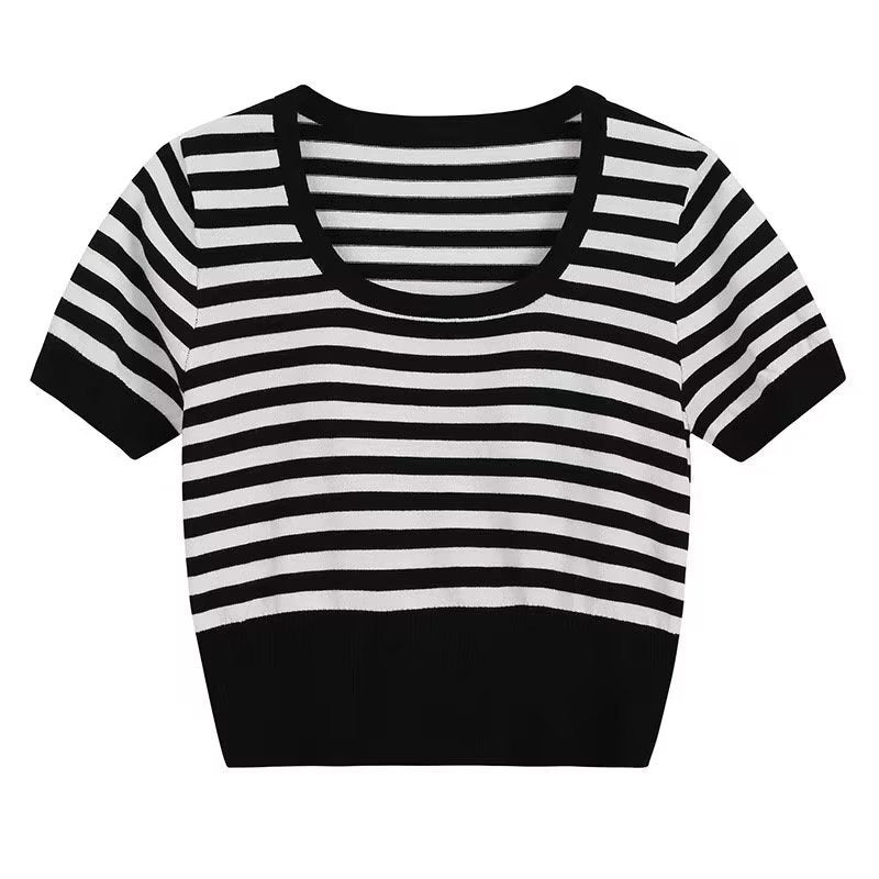 Black and white striped short-sleeve knit top with wide square neckline and ribbed hem