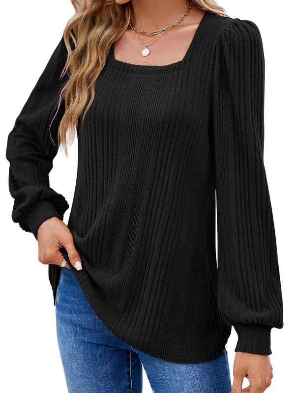 Sunken Stripe Square Collar Fashion Casual Long Sleeve Top - WOMONA.COM