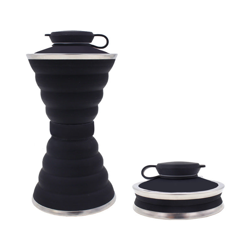 Black foldable silicone water bottle cup with snap lid and side carry loop