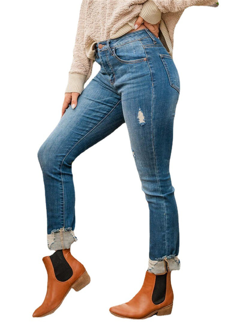 Slim Fit And Torn Blue Jeans For Women - WOMONA.COM