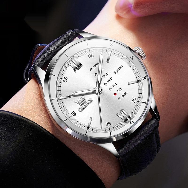 Men's waterproof watch, black leather strap, silver-white dial with Roman markers