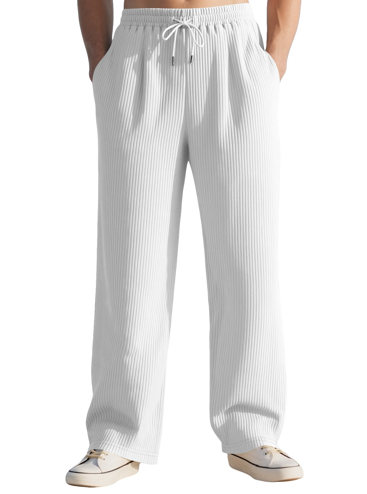 White wide-leg sports sweatpants with elastic waistband and adjustable drawstring ties.