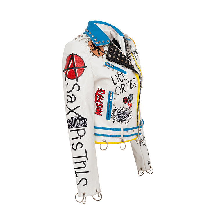 Personalized Graffiti Print Motorcycle Leather Jacket - WOMONA.COM