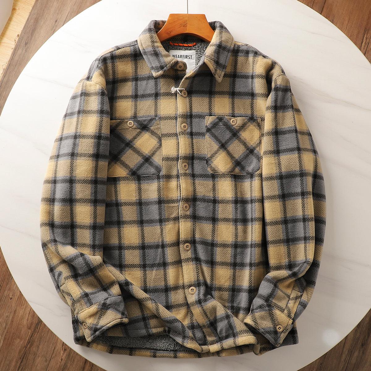 Olive plaid cotton-padded coat on hanger with quilted look, button-front and flap pockets