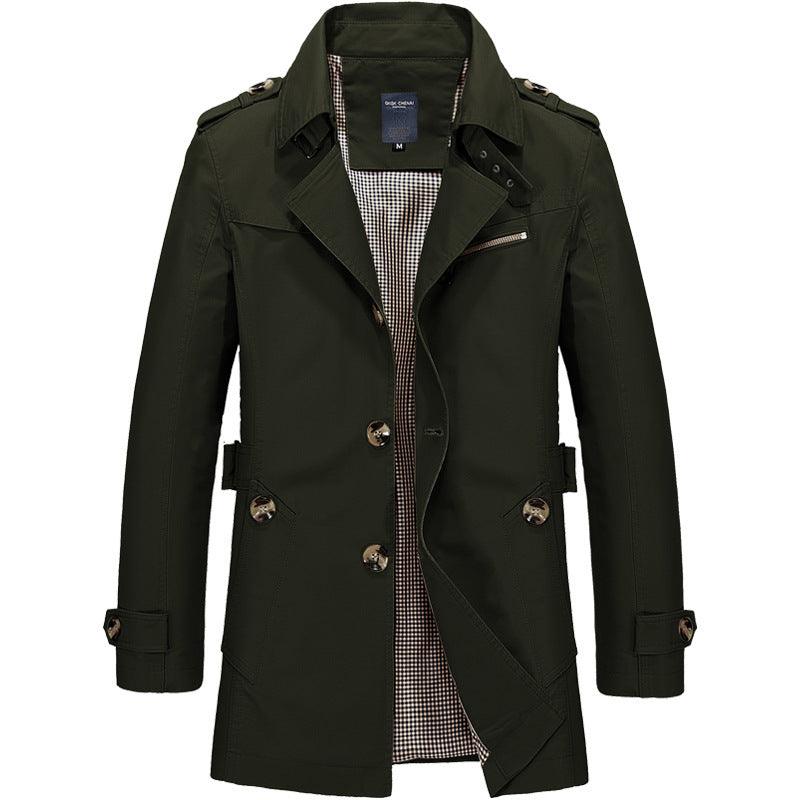 Men's mid-length windbreaker jacket in dark green, stand collar, chest zipper, flap pockets