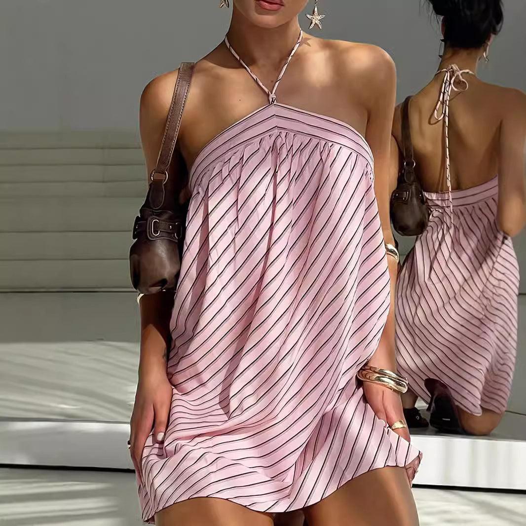 Pink striped halter backless mini dress with draped neckline