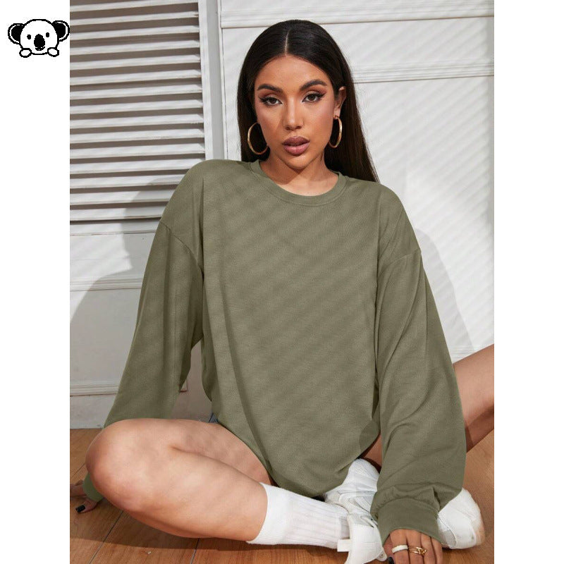 Women's loose-fit long-sleeve T-shirt, olive green solid color