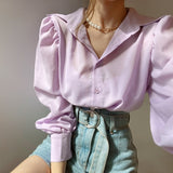 Lapel Single-breasted Loose Casual Lantern Sleeve Shirt - WOMONA.COM