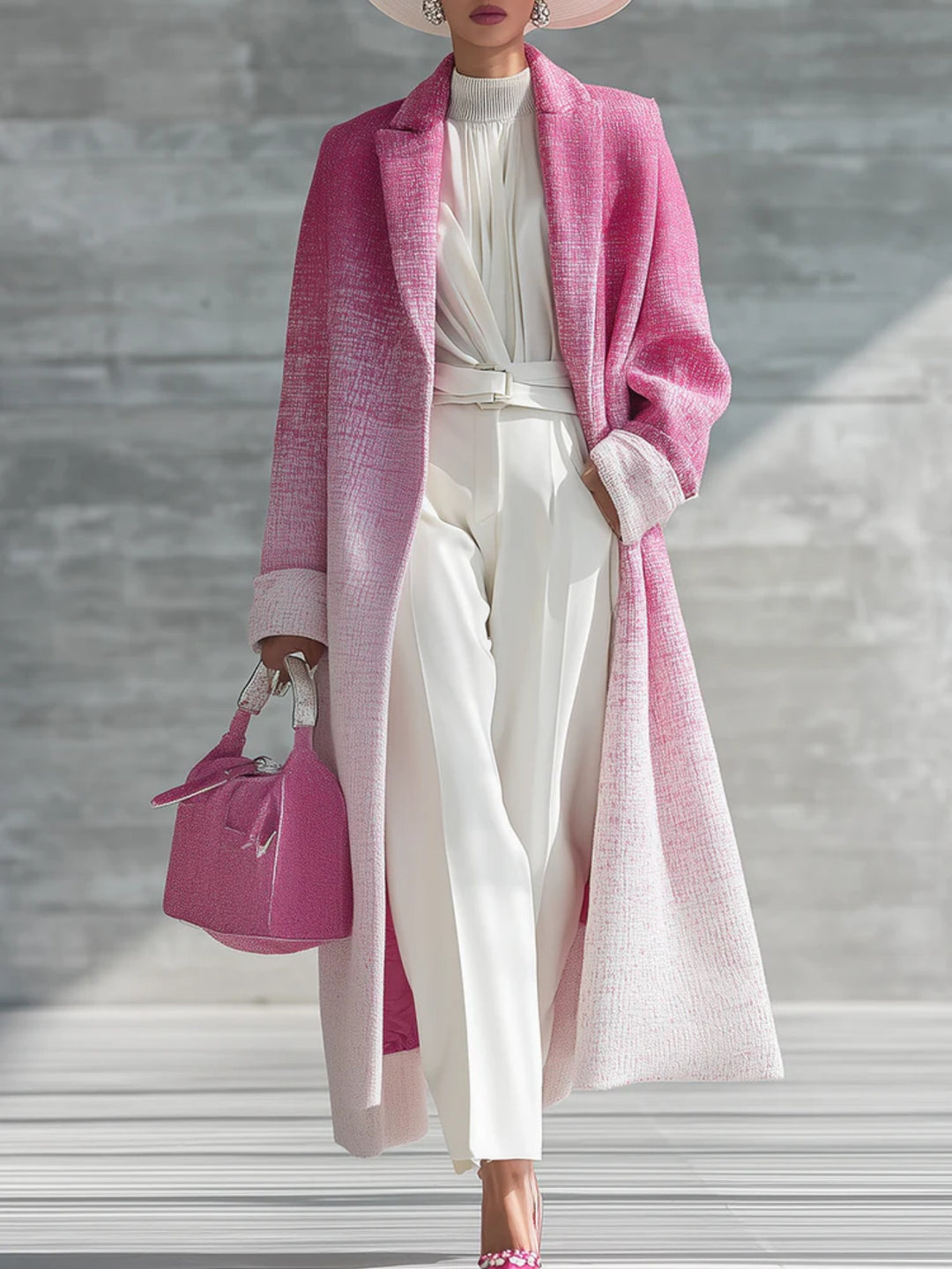 Women’s loose-fitting long gradient coat with lapels, textured pink with darker edges