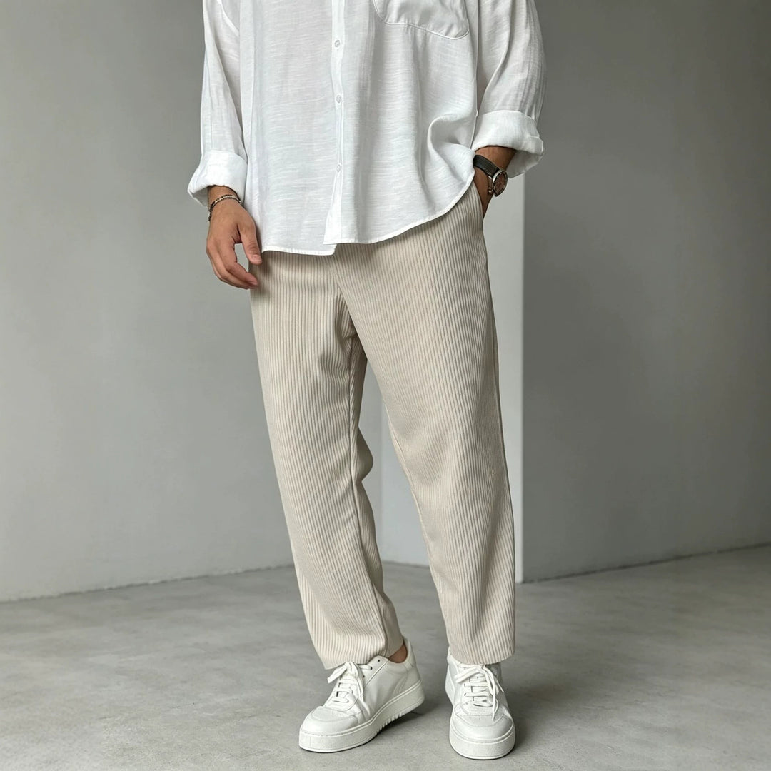Beige pinstripe relaxed straight-leg casual pants with ankle-length hem