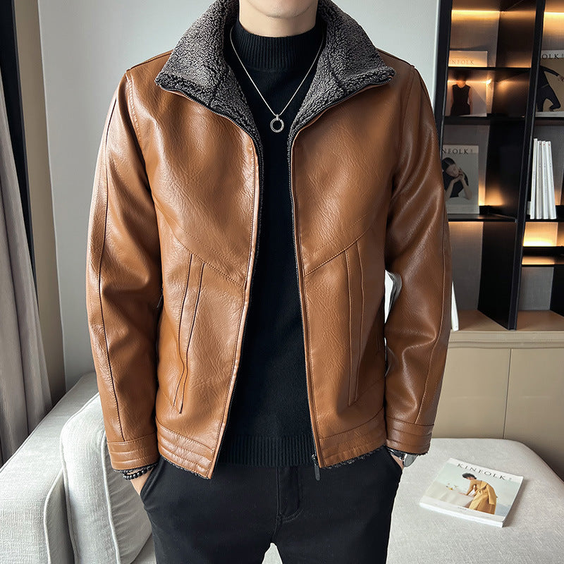 Hong Kong Style Velvet Padded Plus Size Men's Leather Jackets - WOMONA.COM