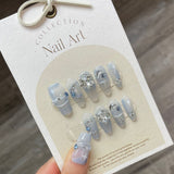 Snowflake Rhinestone Crystal Haze Blue White Fake Nails - WOMONA.COM