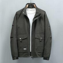Men's charcoal loose jacket with zip front, stand collar, flap pockets, short button placket