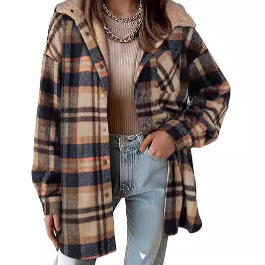 Women’s plaid flannel jacket with button front, long sleeves, collared hood in black and tan.