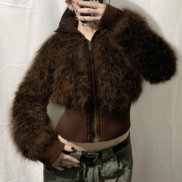 American Street Style Lapel Patchwork Furry Short Coat