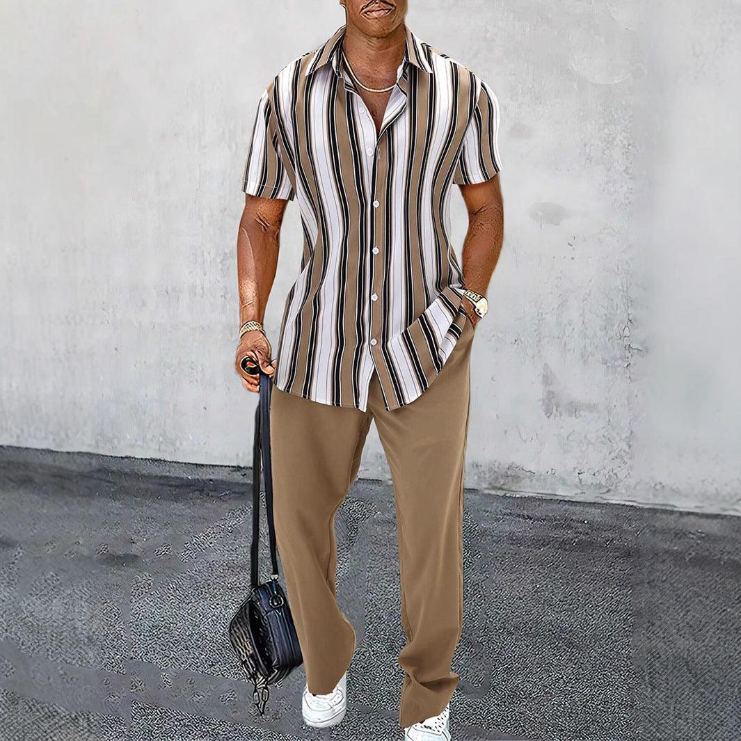 Striped short-sleeve shirt and tan trousers set, button-front, vertical stripes.