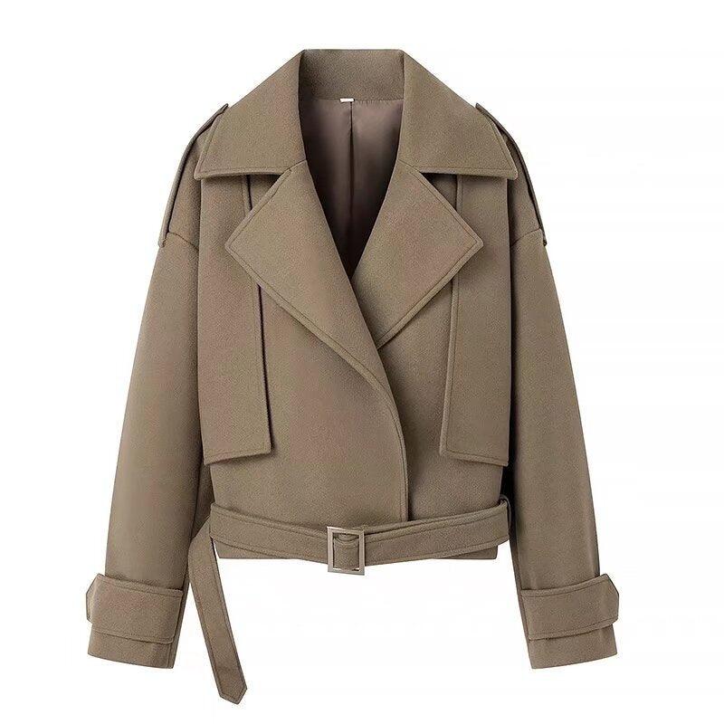 Camel short wool trench coat with belt, notched lapels, and flap pockets