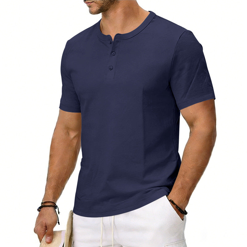 Men's navy crew-neck henley T-shirt with short sleeves and button placket