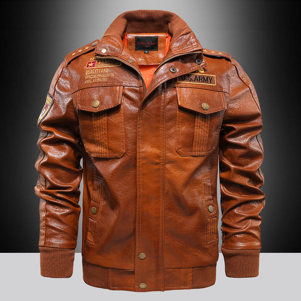 Chaqueta de cuero para hombre, cuello alto, corte ajustado, corta