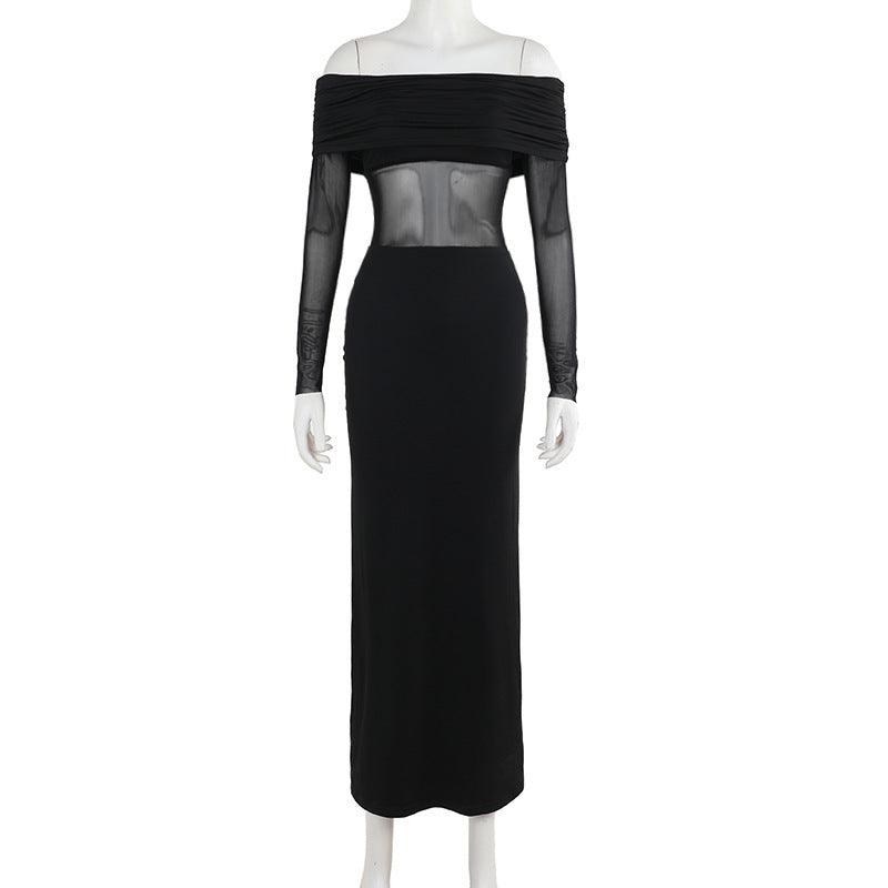 Sexy Slim-fit Off-shoulder Mesh Stitching Dress - WOMONA.COM