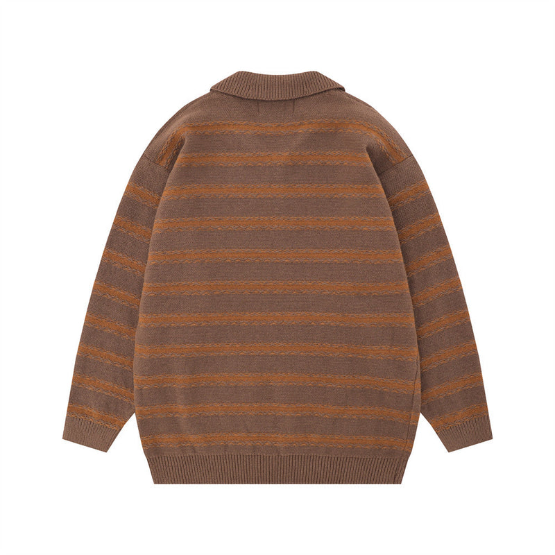 Crocheted Striped Lapel Sweater Men's - WOMONA.COM