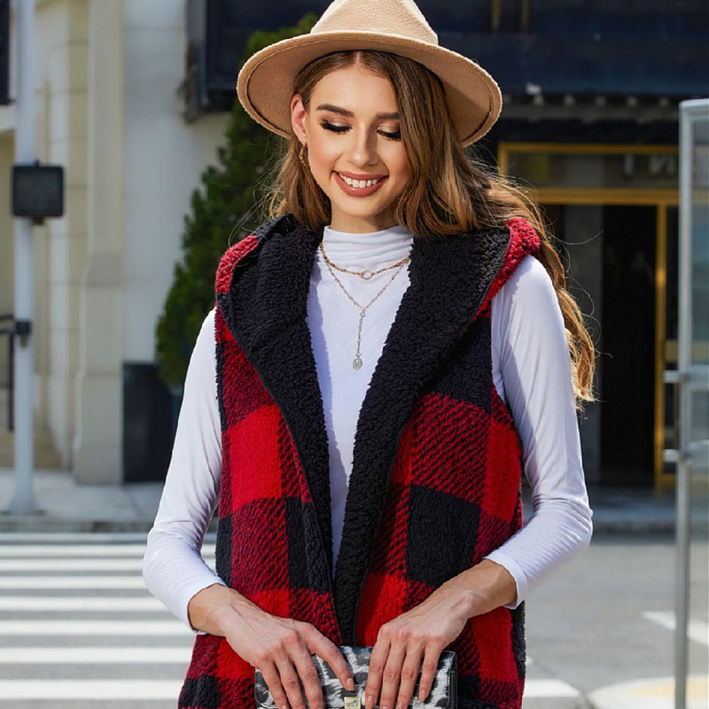 Cardigan Plaid Plush Vest Coat For Women