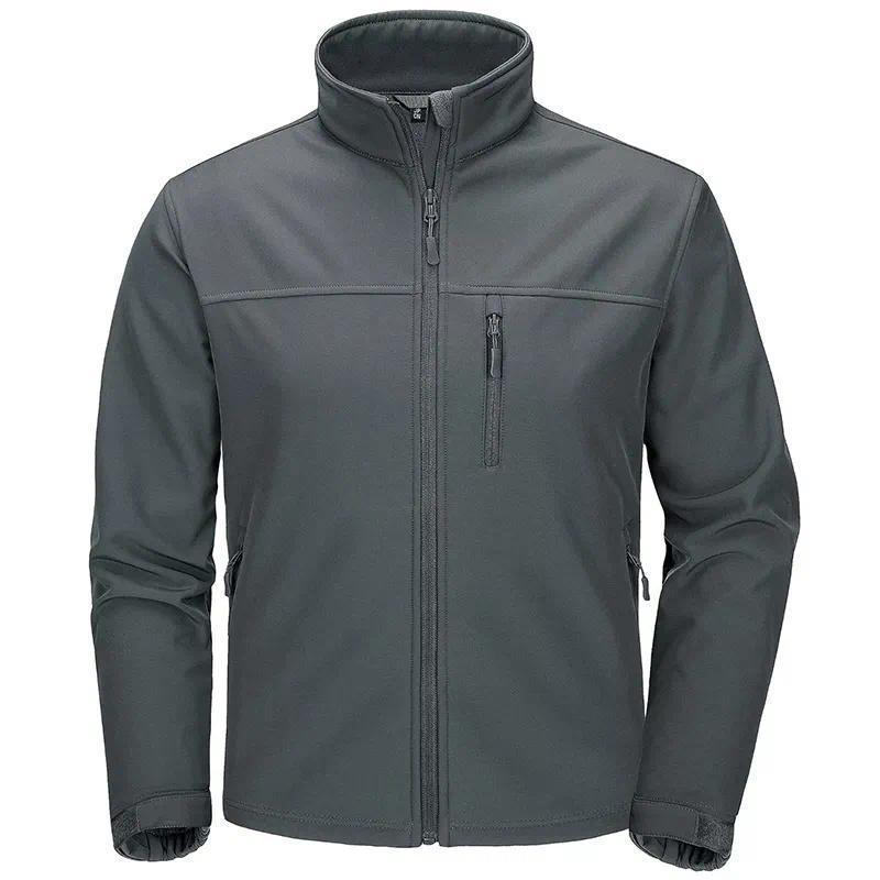 Dark gray stand-collar shell jacket with full-length zipper and chest utility pocket