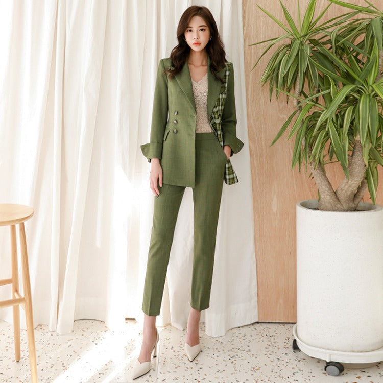 Slim Temperament Plaid Stitching Small Suit - WOMONA.COM