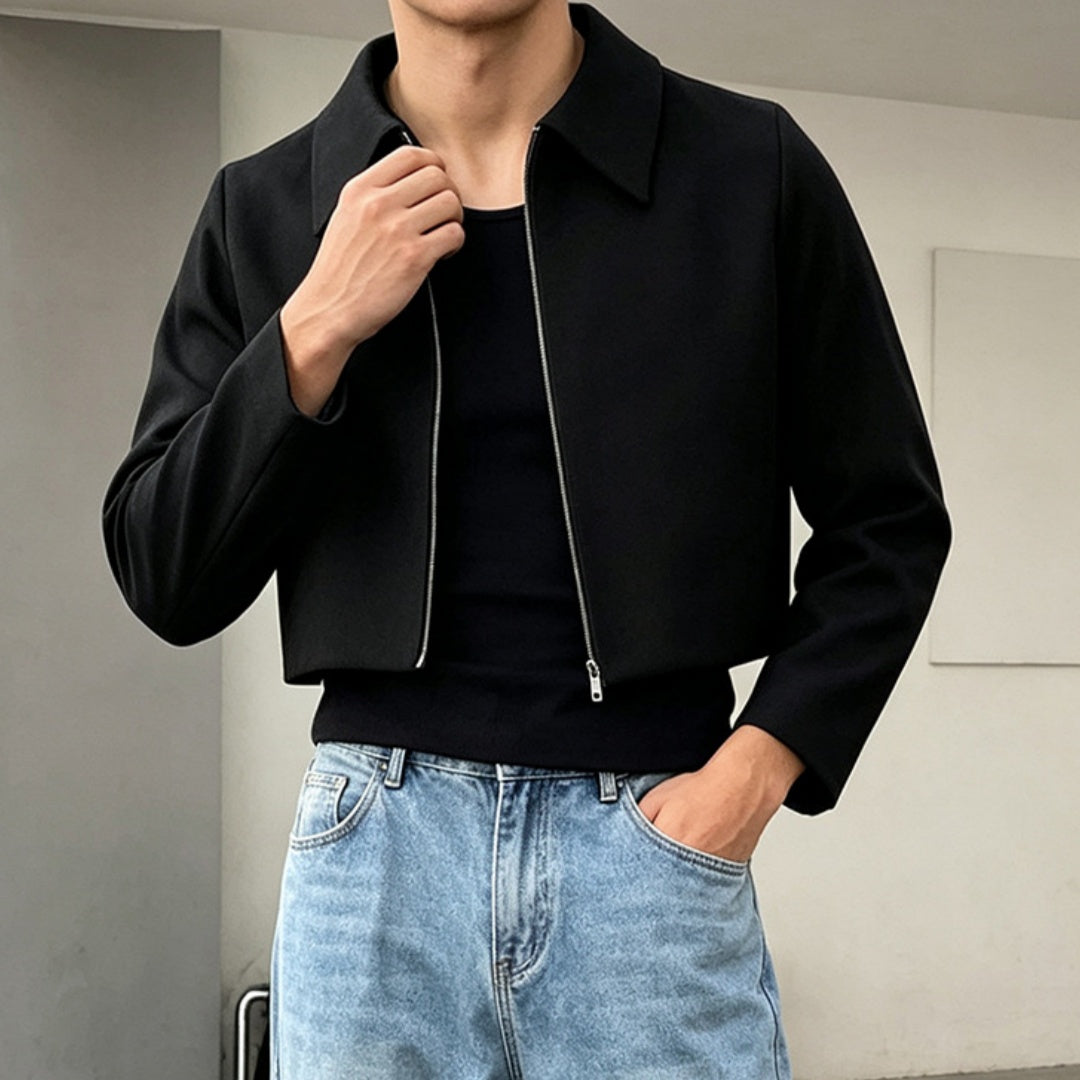 Men's black lapel jacket with front two-way zipper and long sleeves