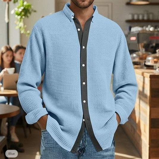 Men's waffle-weave long-sleeve cardigan shirt, blue, button-front collar