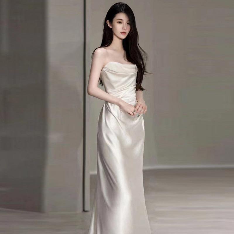 Satin Light Wedding Dress French White - WOMONA.COM