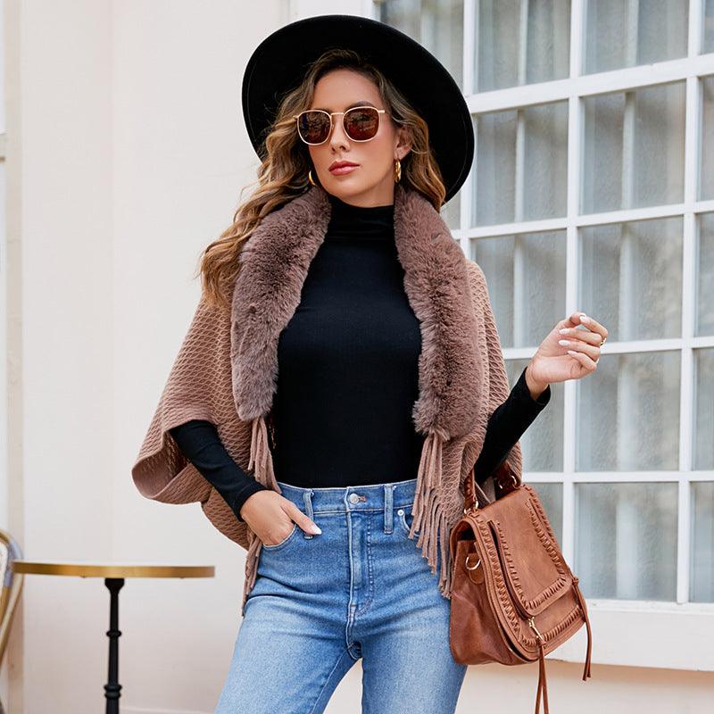 Drizzling Fur Collar Knitted Tassel Cape Coat Women - WOMONA.COM