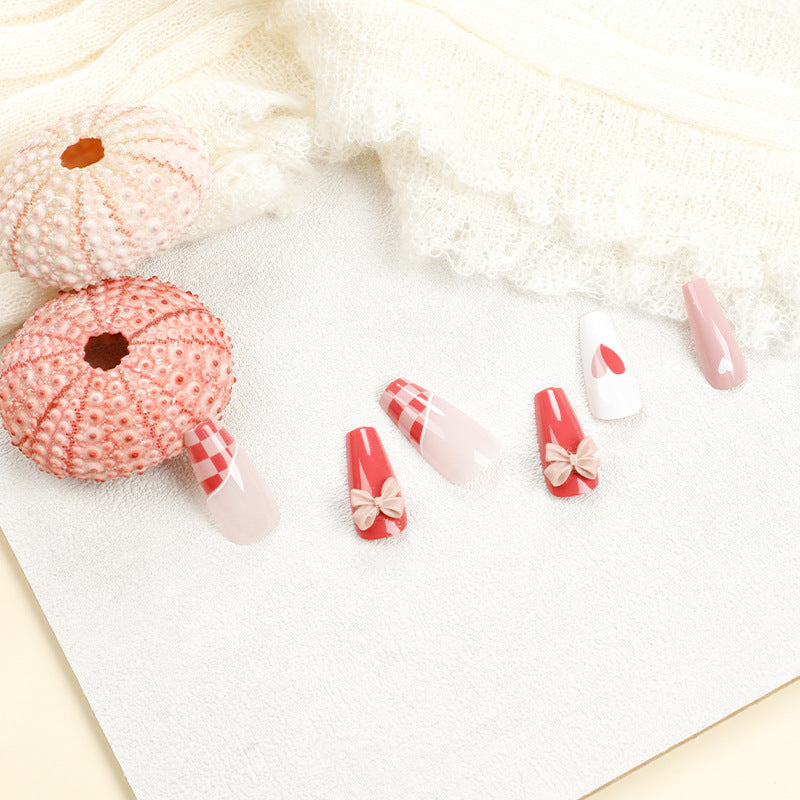 Grapefruit Red Chessboard Grid Manicure White Fake Nails - WOMONA.COM