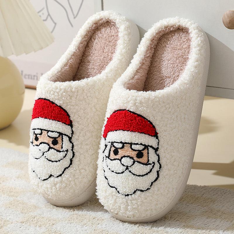 Christmas cartoon home slippers, white plush with Santa face applique and red hat trim