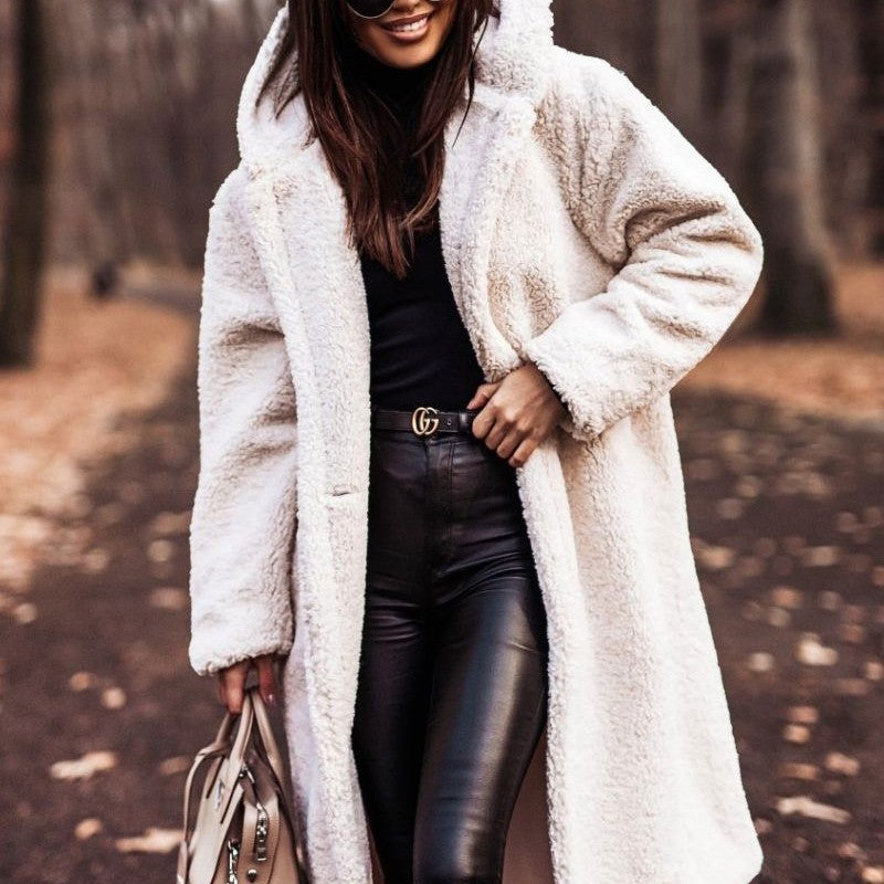 Women's hooded long teddy coat