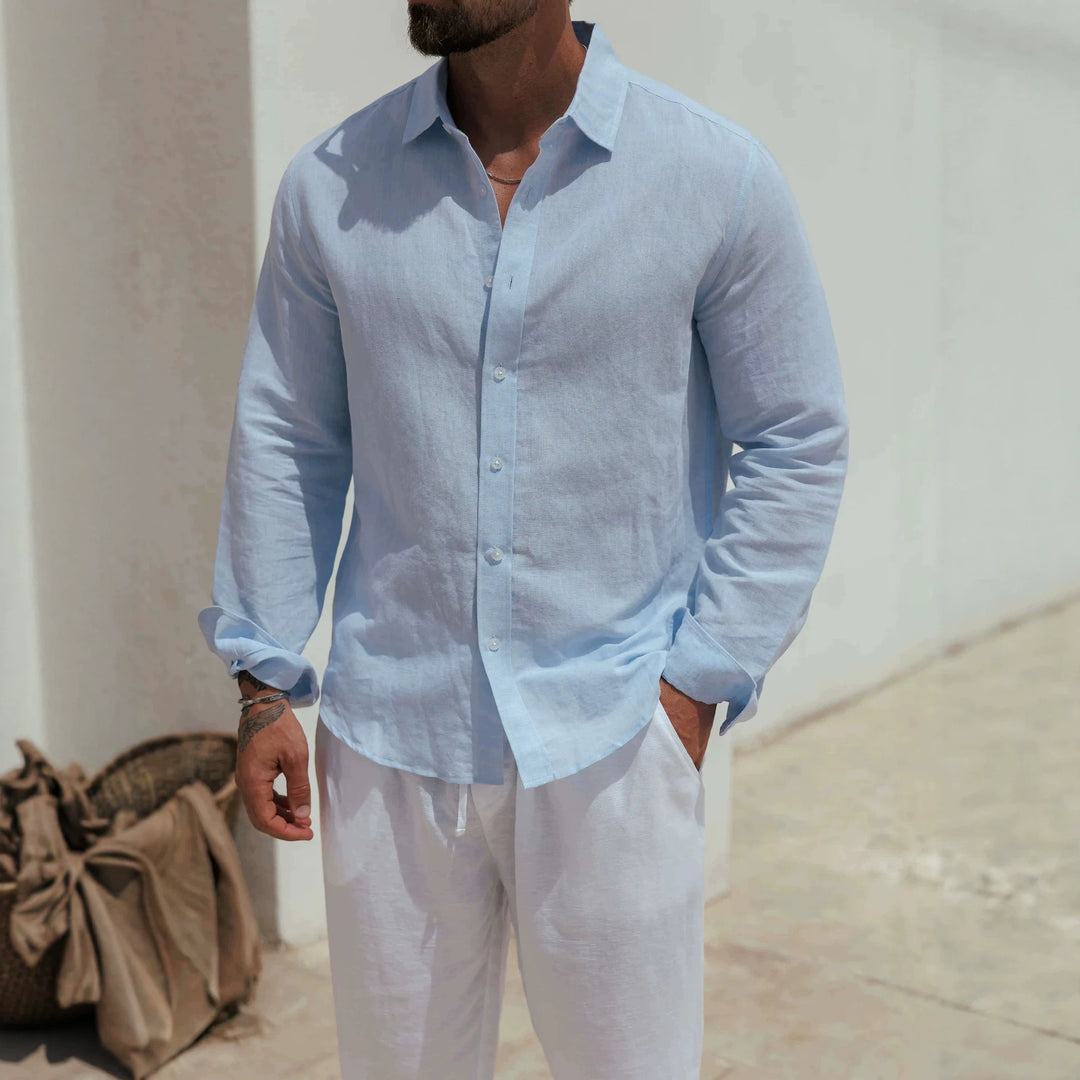 Men's linen long-sleeve shirt, light blue, button-front with pointed collar