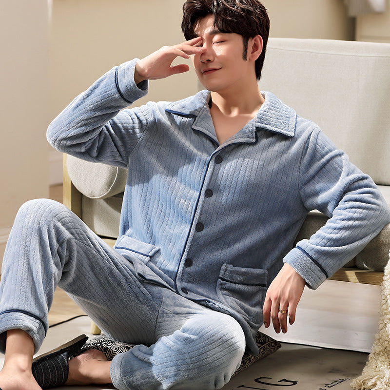 Men's Warm Flannel Button-Up Pajama Set