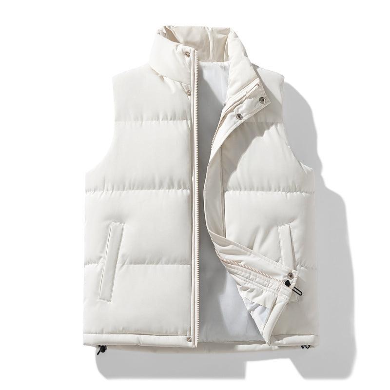 White hooded cotton puffer vest coat with full zip and snap flap pockets, drawstring hem.