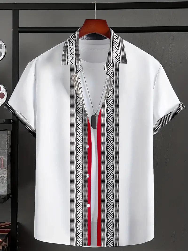 Short sleeve shirt, white with black geometric vertical trim and red center stripe