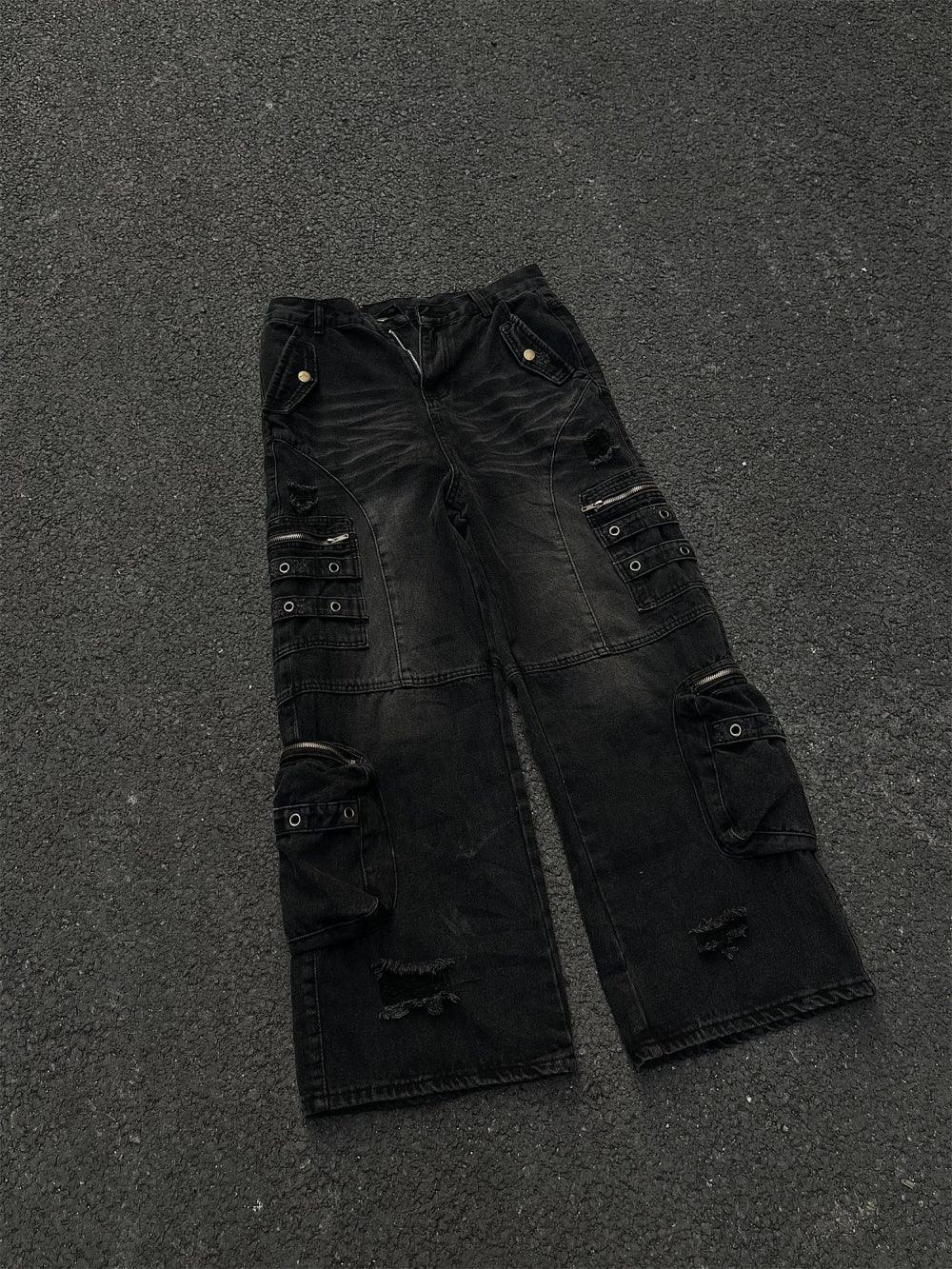 Retro Tattered Jeans Big Pocket Jeans - WOMONA.COM