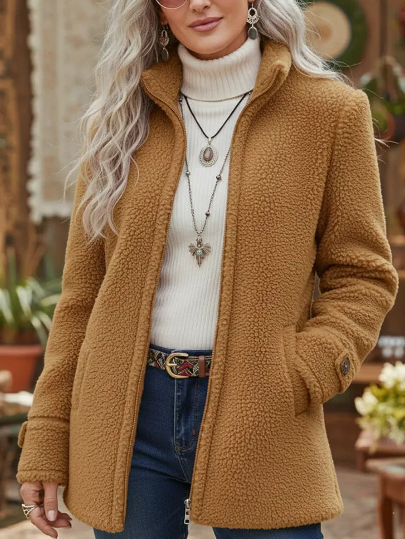 Women's relaxed stand-collar zip-up jacket