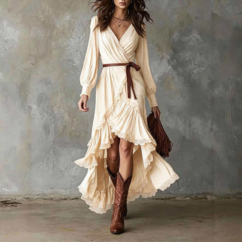 Cream satin-look asymmetrical hem slit dress with ruffled layers and V-neck