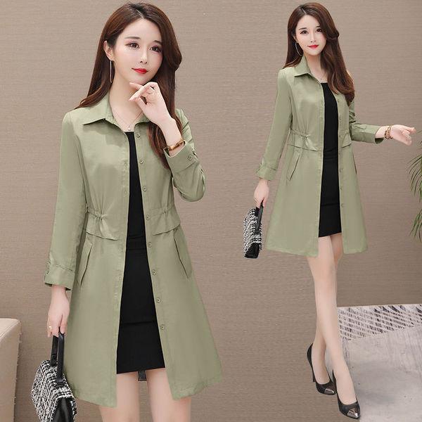 Army green loose coat with collar, button-front and patch pockets, long tunic style